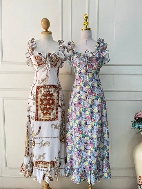 Spring Floral Ruffle Straps Side Slit Dresses